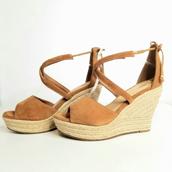 UGG Reagan Peep Toe Suede Jute Platform Espadrille Wedge Tan Brown Sandals, 10 - Picture 1 of 10